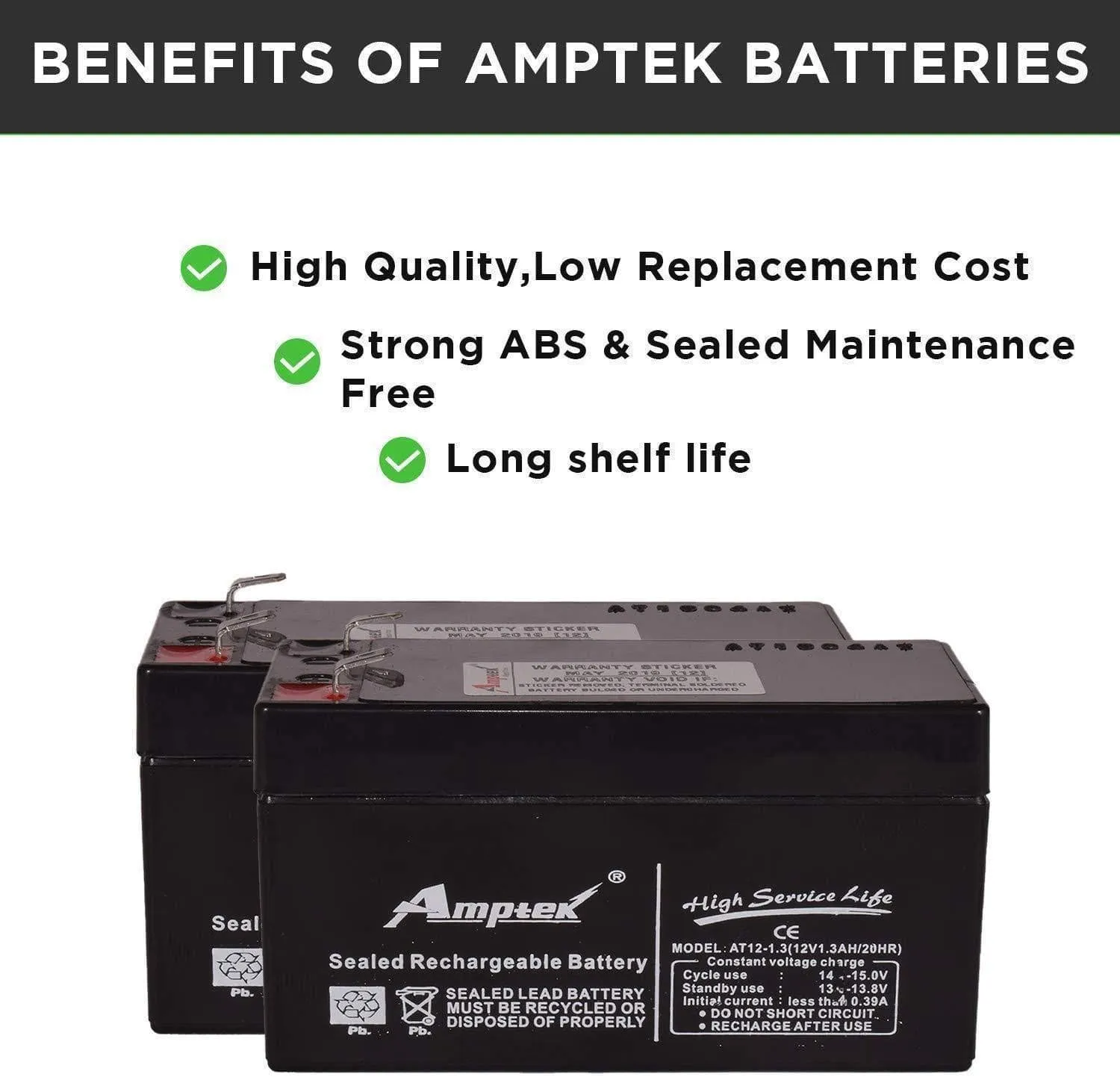 Amptek 12V 1.3Ah Rechargeable VRLA SMF Battery for Toys & Robotic Projects