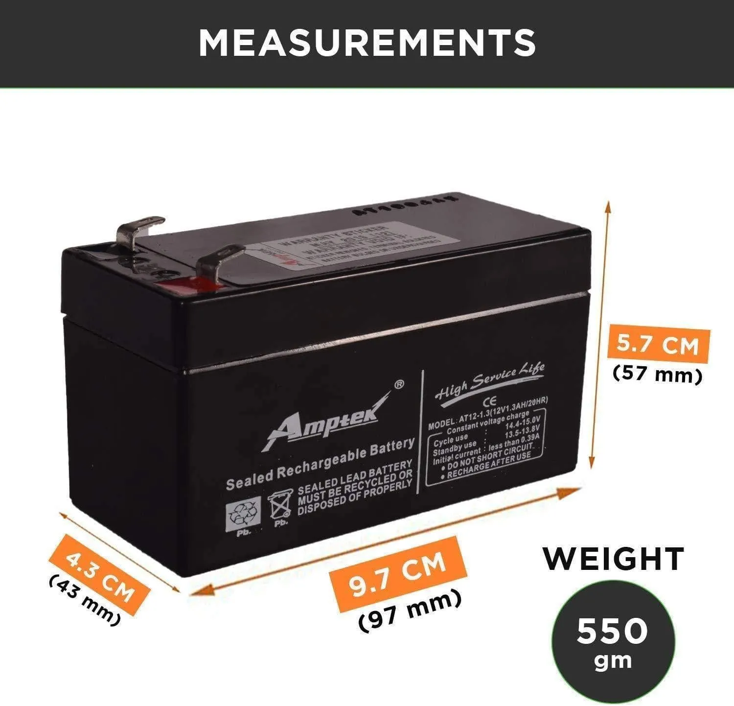 Amptek 12V 1.3Ah Rechargeable VRLA SMF Battery for Toys & Robotic Projects