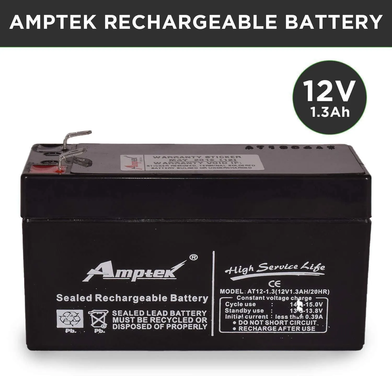 Amptek 12V 1.3Ah Rechargeable VRLA SMF Battery for Toys & Robotic Projects