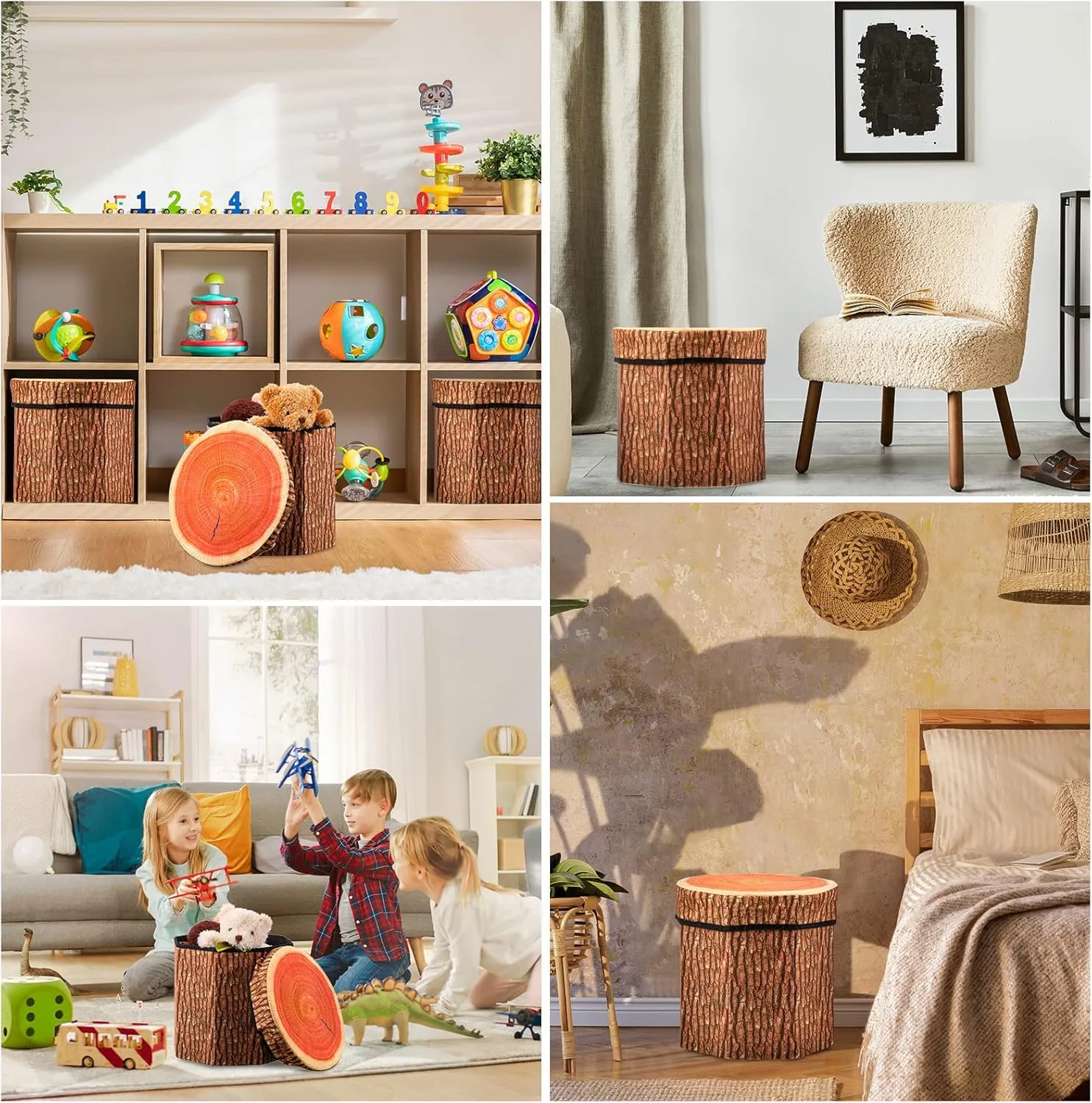 Amylove 3 Pack Tree Stump Storage Stool 12 x 12 Inch Stool Ottoman, Cute Folding Storage Toy Box with Foam Cushion, Collapsible Seat Chest (Classic)