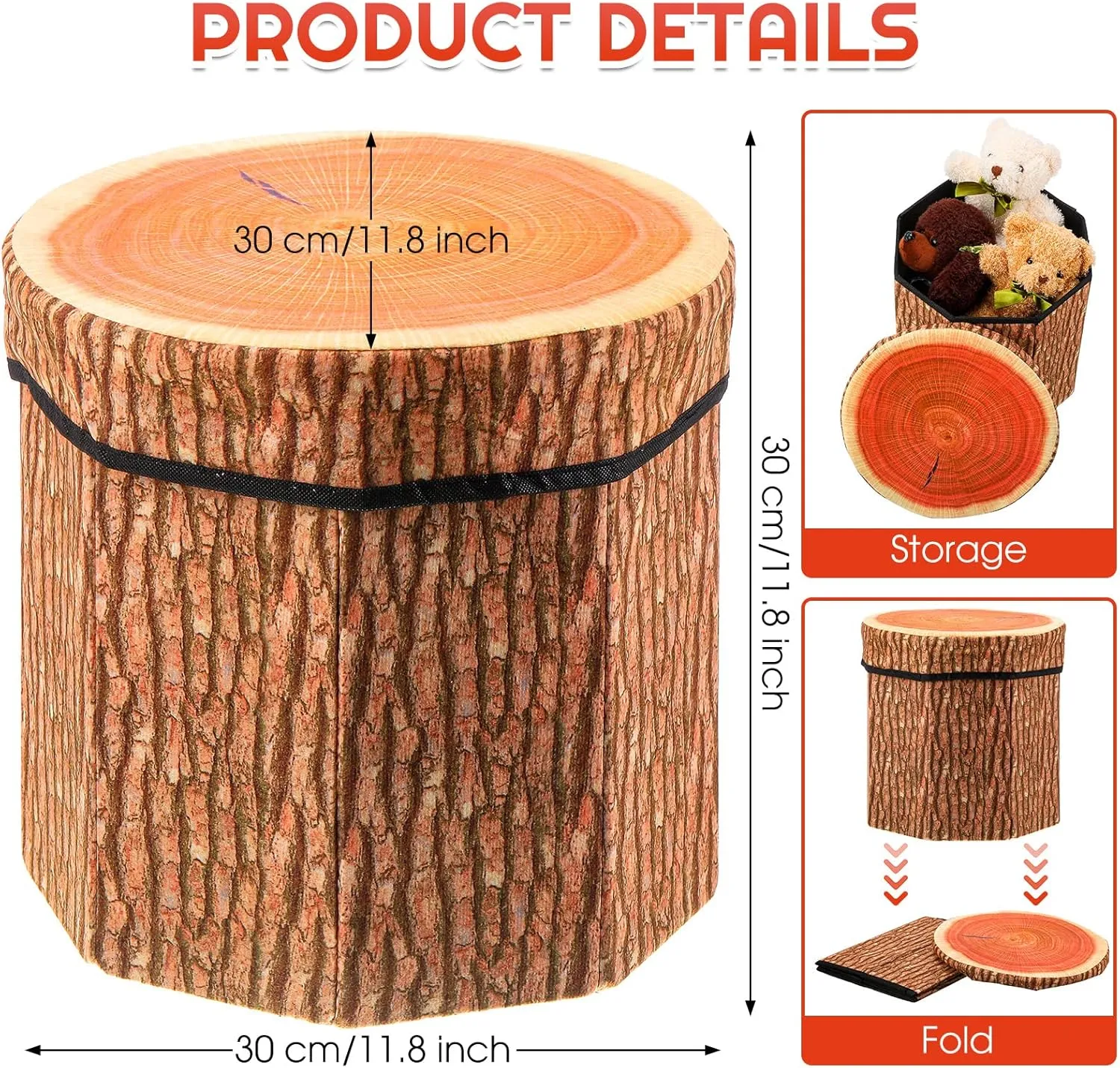 Amylove 3 Pack Tree Stump Storage Stool 12 x 12 Inch Stool Ottoman, Cute Folding Storage Toy Box with Foam Cushion, Collapsible Seat Chest (Classic)