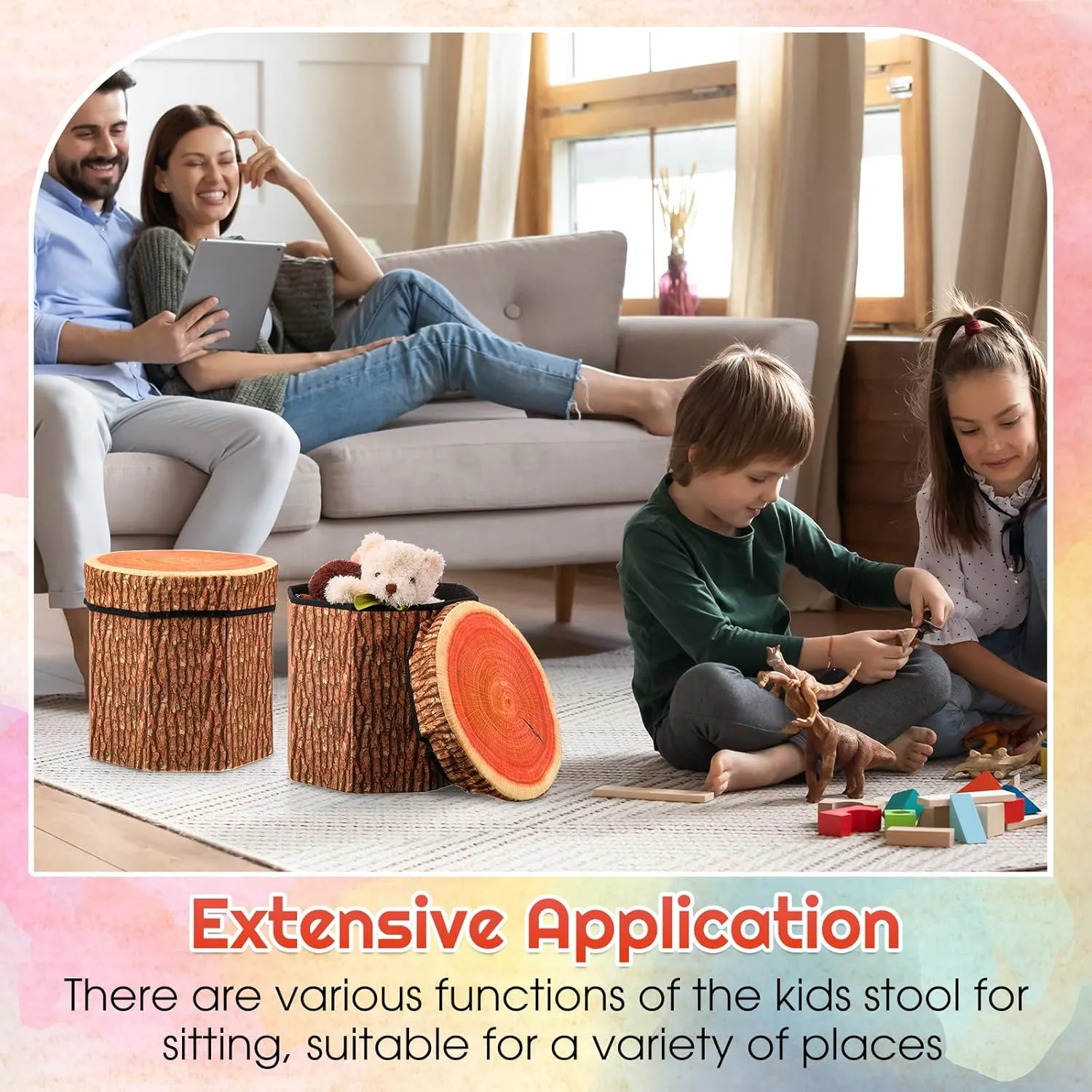 Amylove 3 Pack Tree Stump Storage Stool 12 x 12 Inch Stool Ottoman, Cute Folding Storage Toy Box with Foam Cushion, Collapsible Seat Chest (Classic)