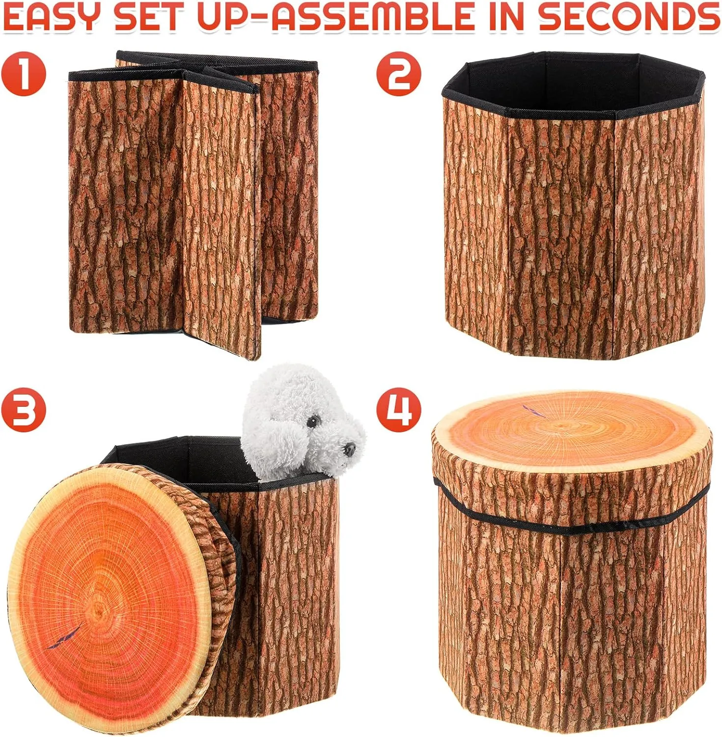 Amylove 3 Pack Tree Stump Storage Stool 12 x 12 Inch Stool Ottoman, Cute Folding Storage Toy Box with Foam Cushion, Collapsible Seat Chest (Classic)