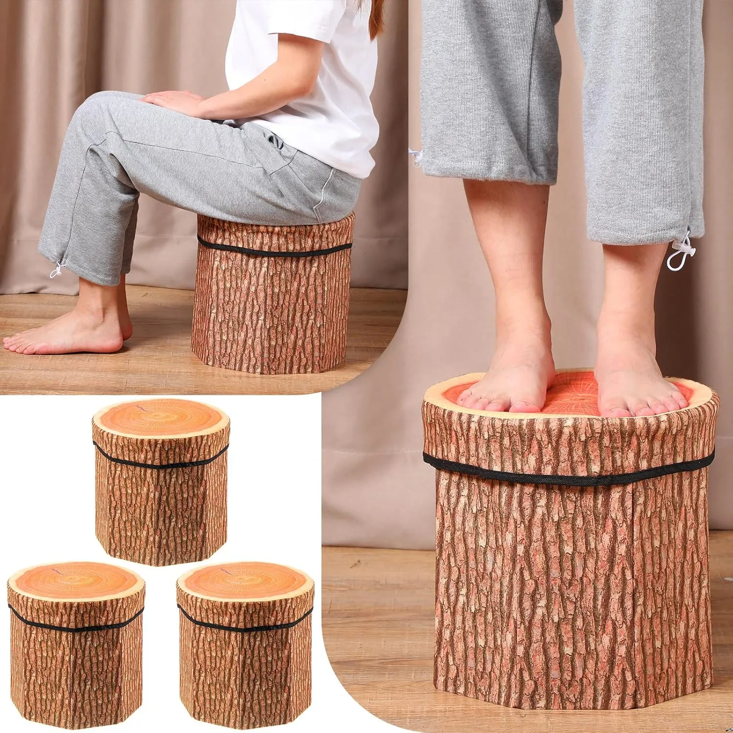 Amylove 3 Pack Tree Stump Storage Stool 12 x 12 Inch Stool Ottoman, Cute Folding Storage Toy Box with Foam Cushion, Collapsible Seat Chest (Classic)