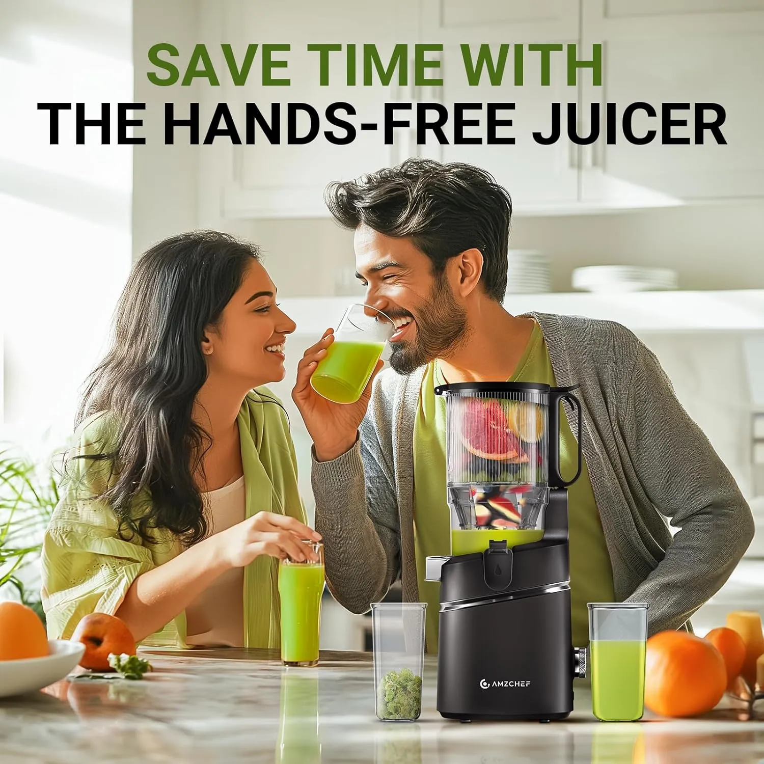AMZCHEF Juicer Machines, 5.3" Extra Self-Feeding Cold Press Juicer for Whole Vegetable & Fruit, Juice Extractor Machine with Large Auger & Triple Strainers, Easy to Clean, High Juice Yield, Black