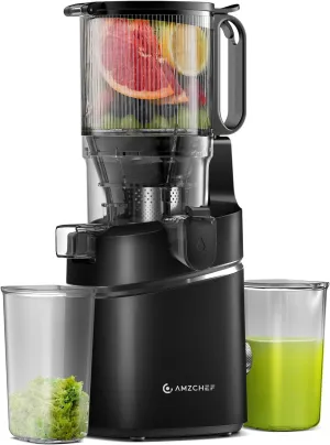AMZCHEF Juicer Machines, 5.3" Extra Self-Feeding Cold Press Juicer for Whole Vegetable & Fruit, Juice Extractor Machine with Large Auger & Triple Strainers, Easy to Clean, High Juice Yield, Black