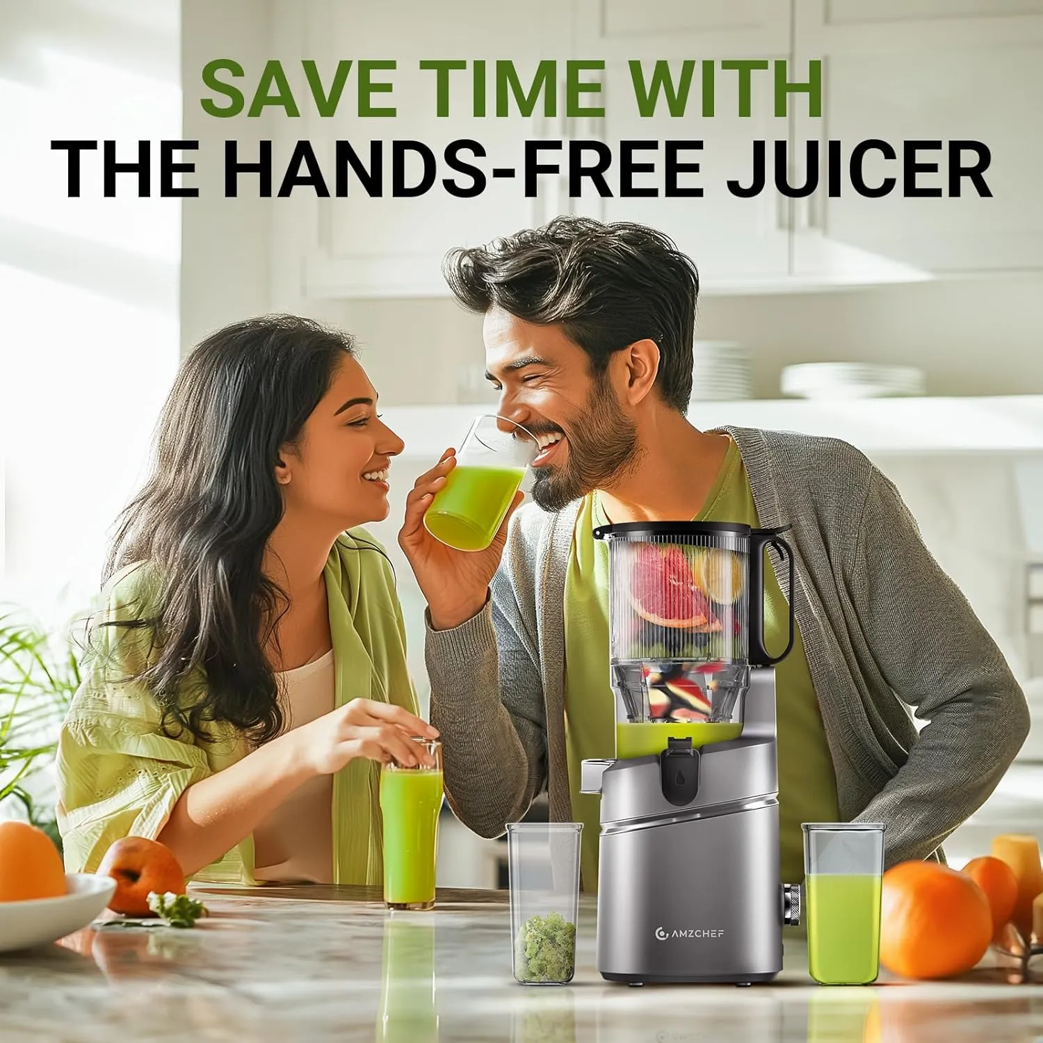 AMZCHEF Juicer Machines, 5.8" Extra Self-Feeding Cold Press Juicer for Whole Vegetable & Fruit, Juice Extractor Machine with Large Auger & Triple Strainers, Easy to Clean, High Juice Yield, Grey