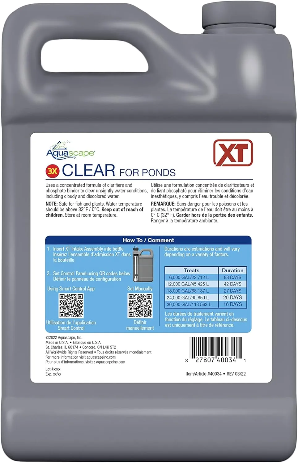 Aquascape 3X Clear Water Treatment for Smart Pond Dosing System XT, 64 oz. / 1.89L, 40034, Gray