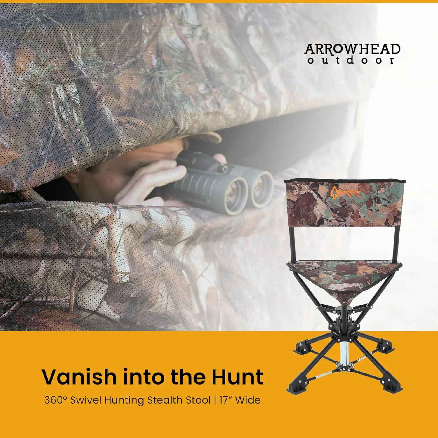 ARROWHEAD OUTDOOR 360° Degree Swivel Hunting Chair Stool Seat, Perfect for Blinds, No Sink Feet, Quick Setup & Takedown, Compact & Lightweight, Carrying Case, Fishing, Rugged 600D Canvas, USA-Based