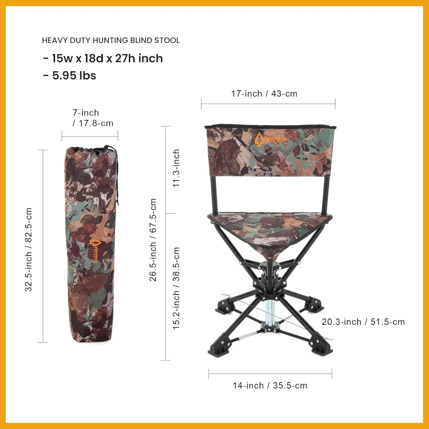 ARROWHEAD OUTDOOR 360° Degree Swivel Hunting Chair Stool Seat, Perfect for Blinds, No Sink Feet, Quick Setup & Takedown, Compact & Lightweight, Carrying Case, Fishing, Rugged 600D Canvas, USA-Based
