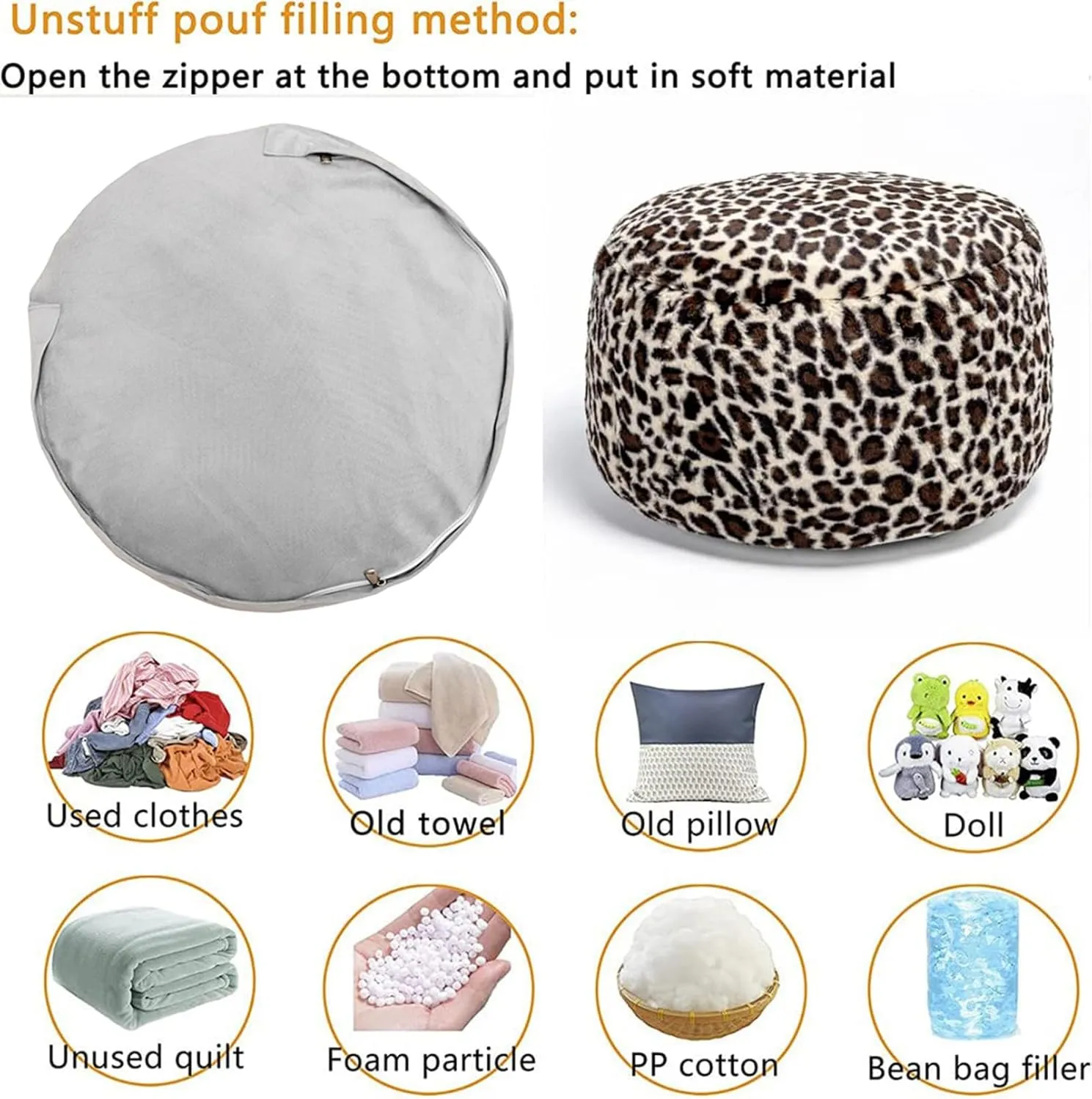 Asuprui Animal Pouf Ottoman Unstuffed Ottoman Foot Rest Round Fuzzy Pouf Seat Bean Bag Foot Rest Foldable Floor Chair Storage for Living Room Bedroom Leopard Print