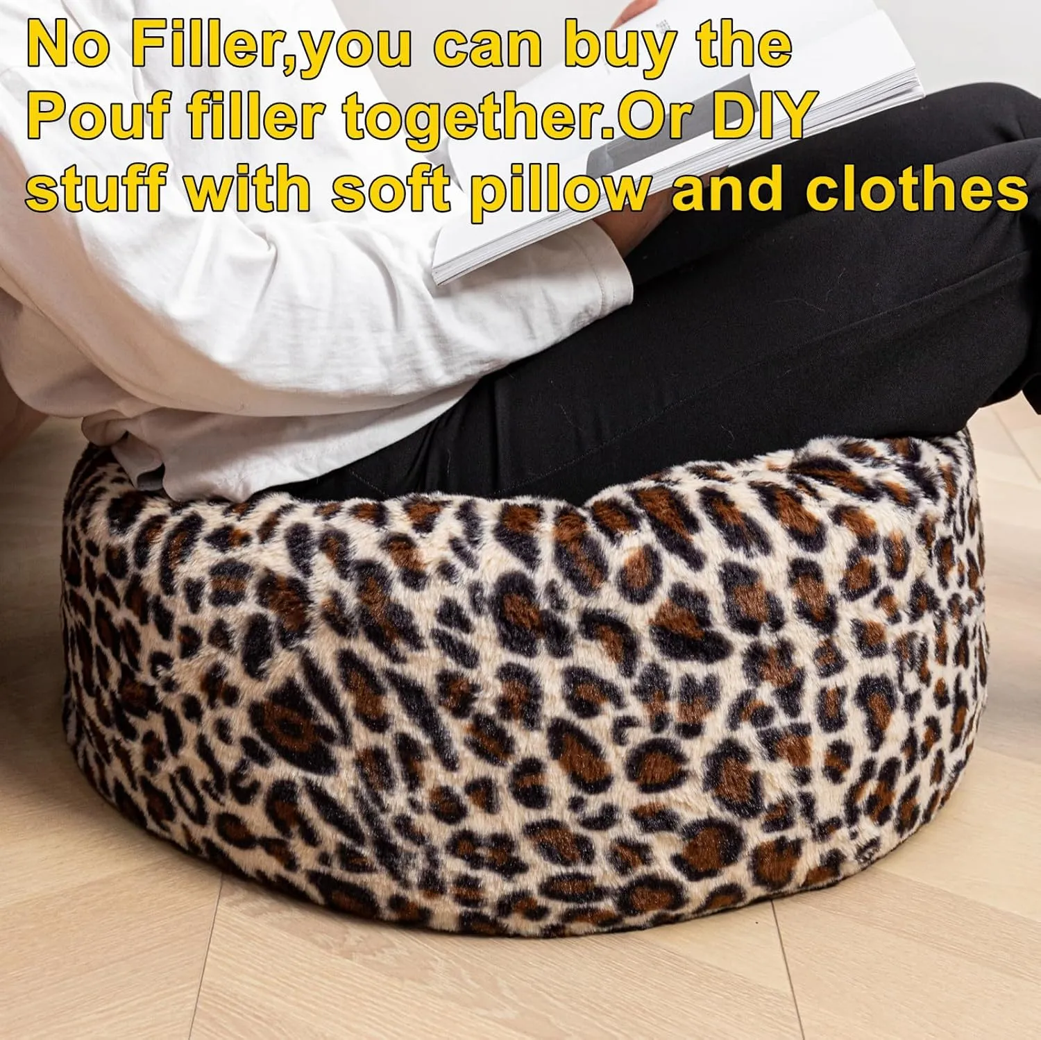 Asuprui Animal Pouf Ottoman Unstuffed Ottoman Foot Rest Round Fuzzy Pouf Seat Bean Bag Foot Rest Foldable Floor Chair Storage for Living Room Bedroom Leopard Print
