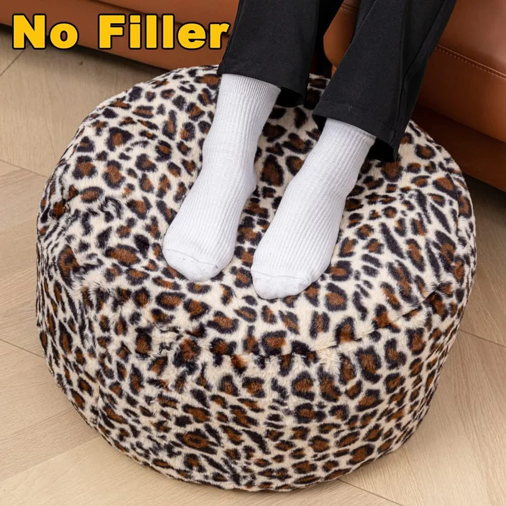 Asuprui Animal Pouf Ottoman Unstuffed Ottoman Foot Rest Round Fuzzy Pouf Seat Bean Bag Foot Rest Foldable Floor Chair Storage for Living Room Bedroom Leopard Print