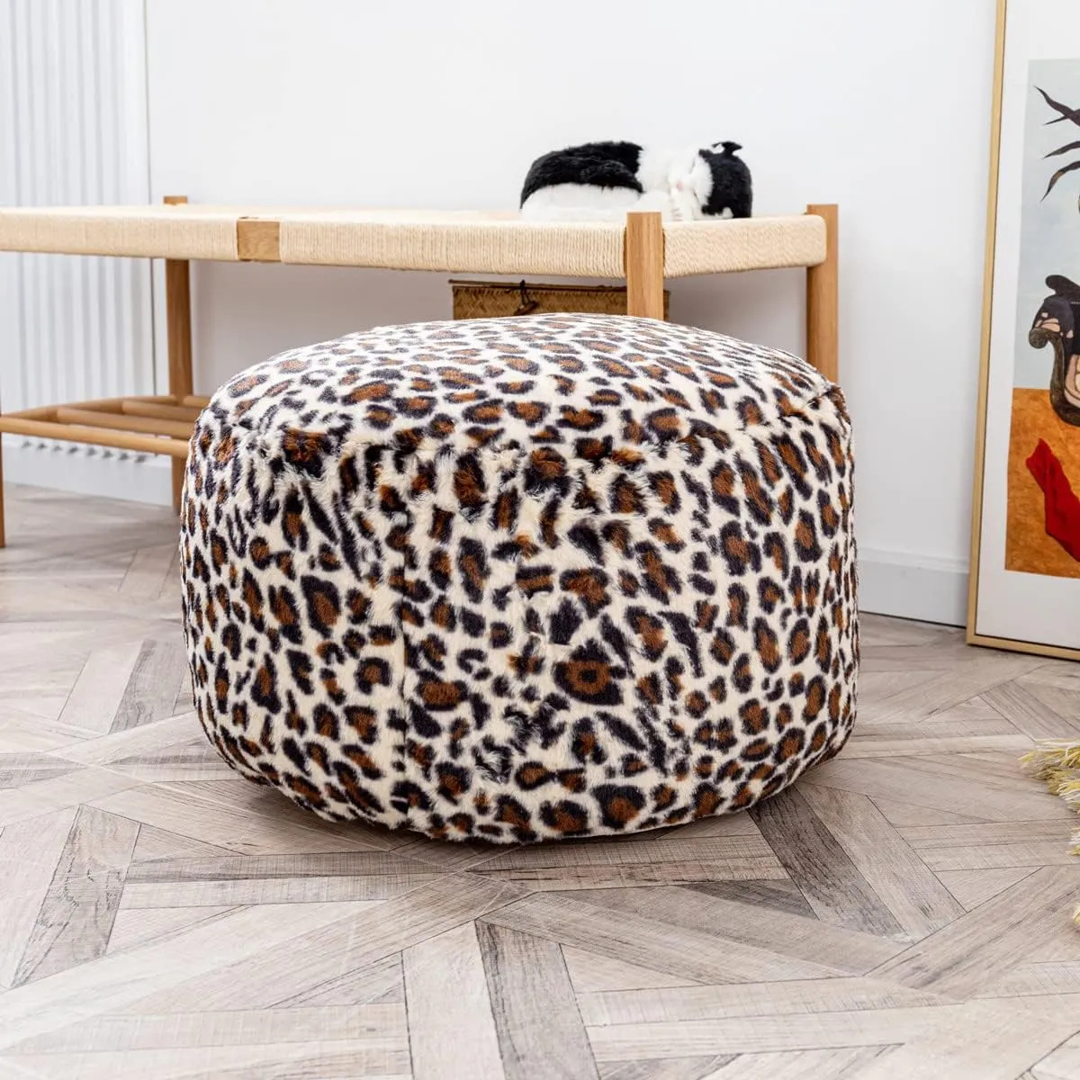 Asuprui Animal Pouf Ottoman Unstuffed Ottoman Foot Rest Round Fuzzy Pouf Seat Bean Bag Foot Rest Foldable Floor Chair Storage for Living Room Bedroom Leopard Print
