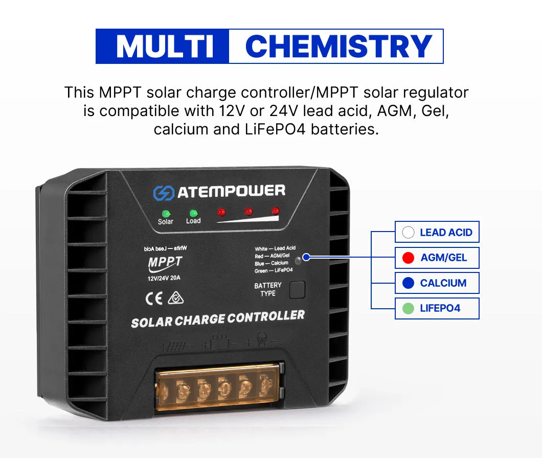 Atem Power 20A MPPT Solar Charge Controller Regulator Lithium Compatible 12V/24V