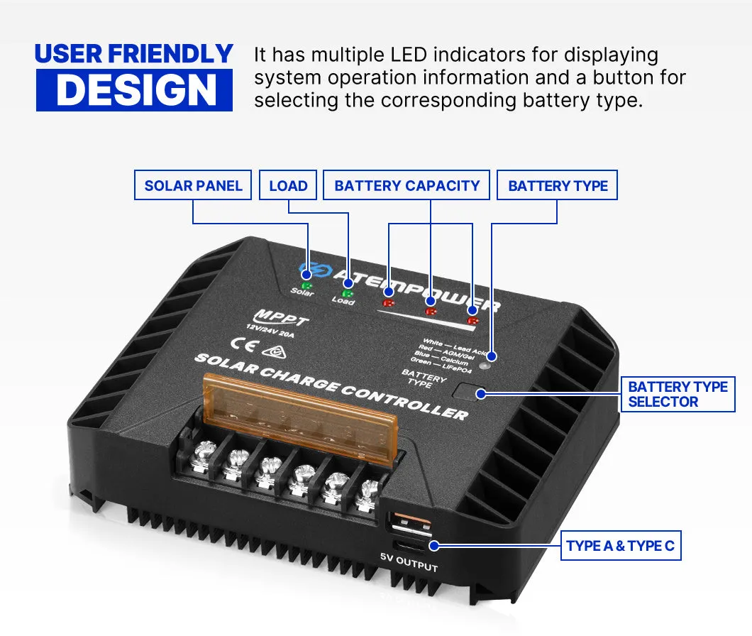 Atem Power 20A MPPT Solar Charge Controller Regulator Lithium Compatible 12V/24V