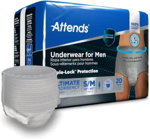 Attends Underwear for Men Incontinence Care with TripleLockTM Protection, Ultimate Absorbency, Small/Medium, 20 Count (x4)
