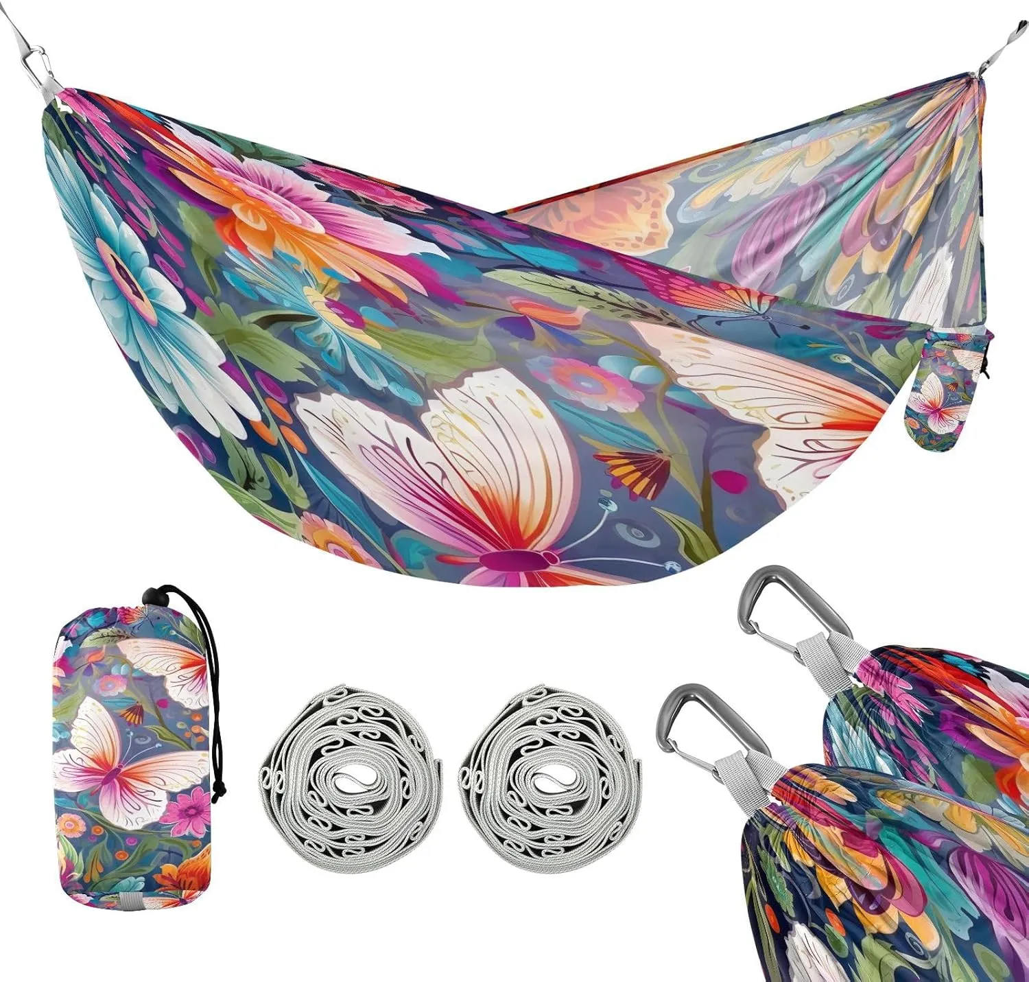 ATTX Colorful Butterflies Camping Hammock - Lightweight & Portable Hammocks, Heavy Duty 330lbs Capacity for Indoor, Hiking, Backpacking, Travel, Backyard, Beach#247
