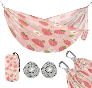 ATTX Pink Strawberry Pattern Camping Hammock - Lightweight & Portable Hammocks, Heavy Duty 330lbs Capacity for Indoor, Hiking, Backpacking, Travel, Backyard, Beach#204