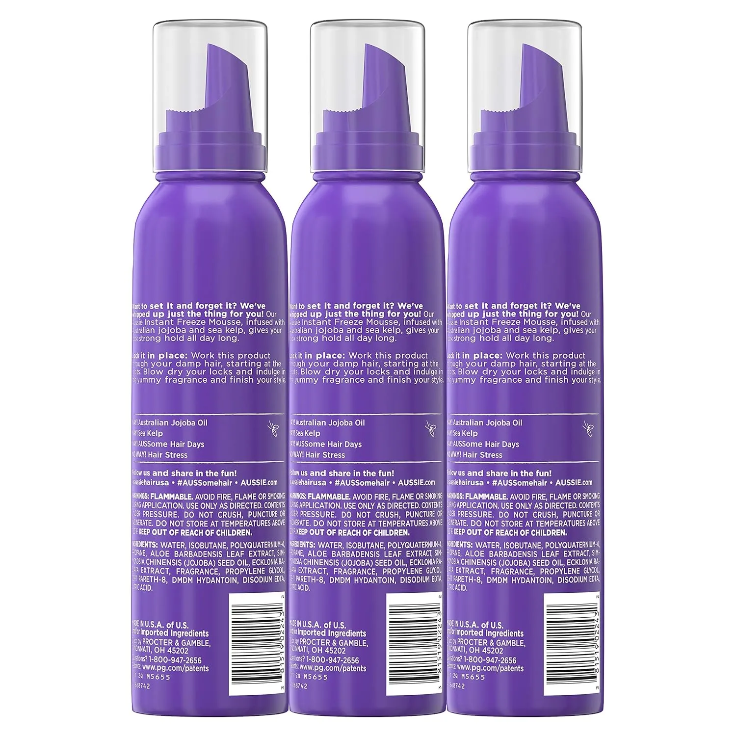 Aussie Mousse, with Jojoba & Sea Kelp, Instant Freeze, 24 Hour Hold, 6 fl oz, Triple Pack