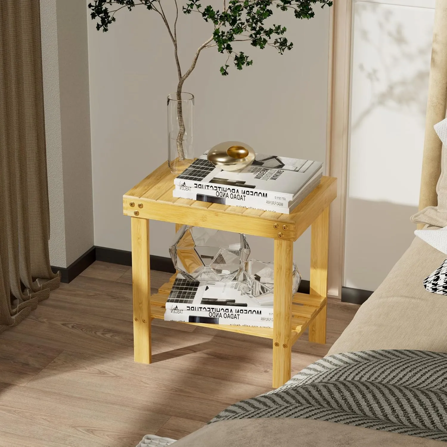 Bamboo Shower Bench, Shower Chair with Non-Slip Feet Storage Shelf Safe and Stable, Kids Adults Wooden Stool for Bathroom, Bedside, Living Room, Spa