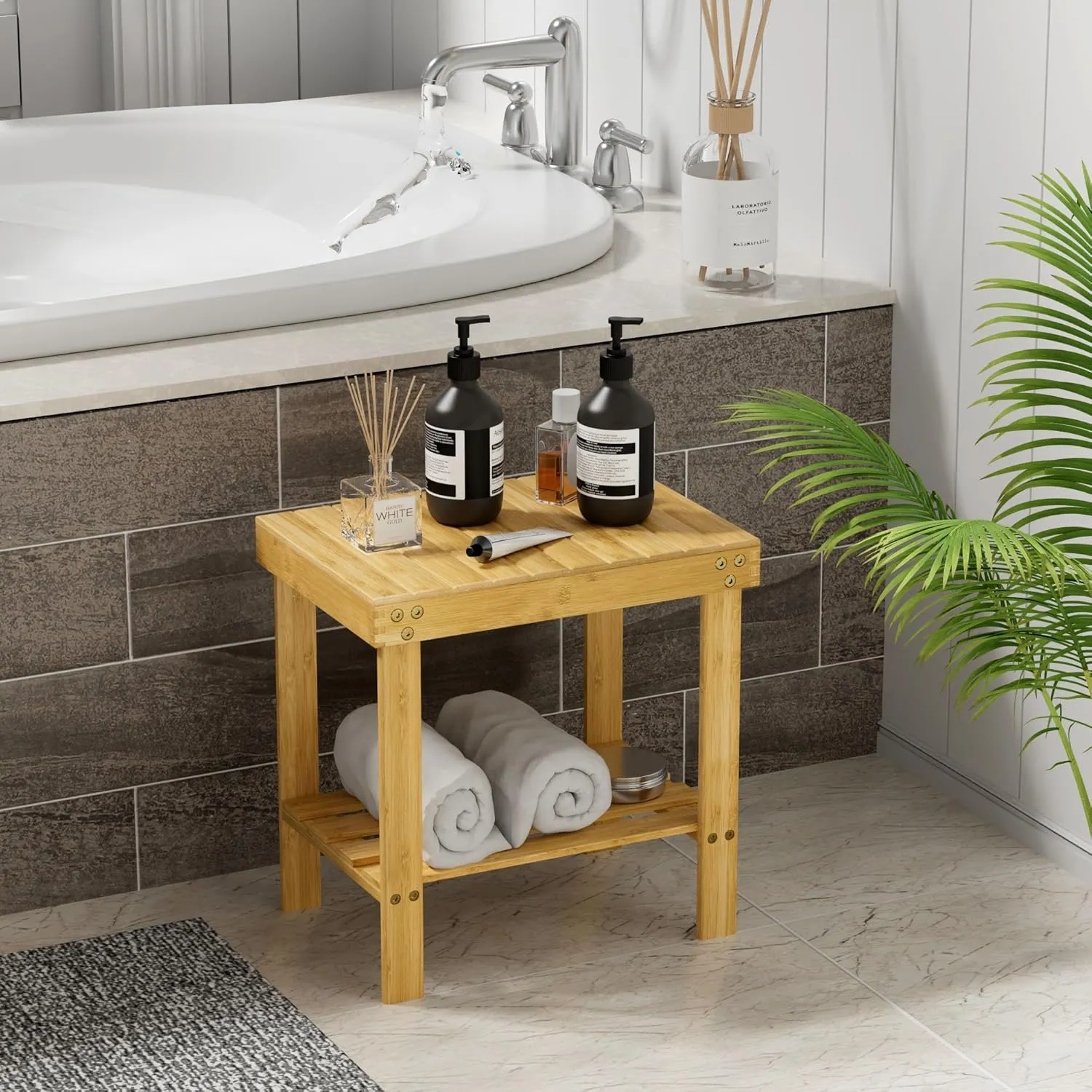 Bamboo Shower Bench, Shower Chair with Non-Slip Feet Storage Shelf Safe and Stable, Kids Adults Wooden Stool for Bathroom, Bedside, Living Room, Spa