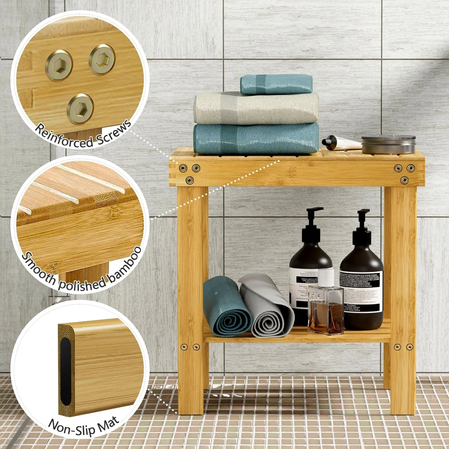 Bamboo Shower Bench, Shower Chair with Non-Slip Feet Storage Shelf Safe and Stable, Kids Adults Wooden Stool for Bathroom, Bedside, Living Room, Spa