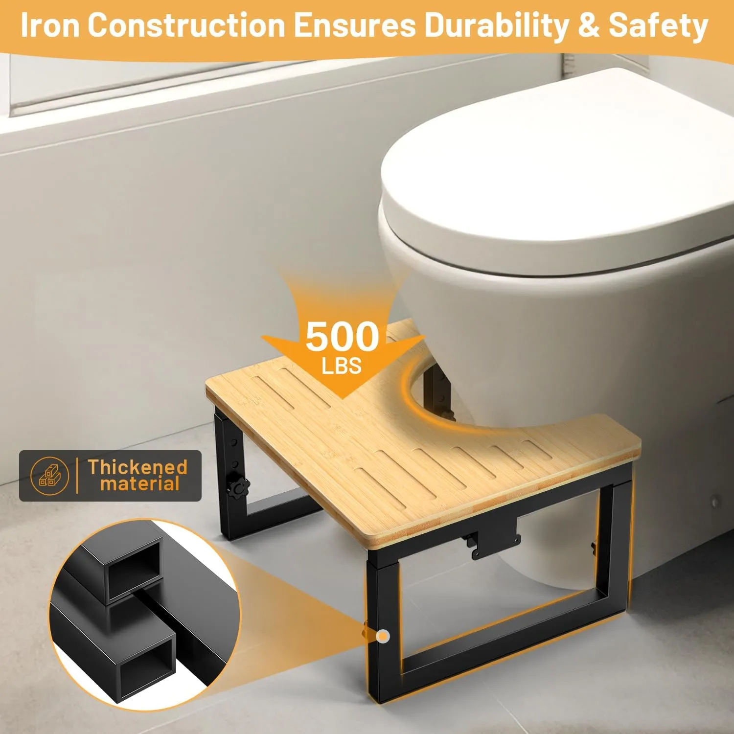Bamboo Toilet Stool Foldable, 7 in, 8 in Or 9 in Adjustable Heights Squat Stool Potty for Adults Kids,Poop Step Stool with Extra Soft Microfiber Rug, Improve Bathroom Posture and Comfort