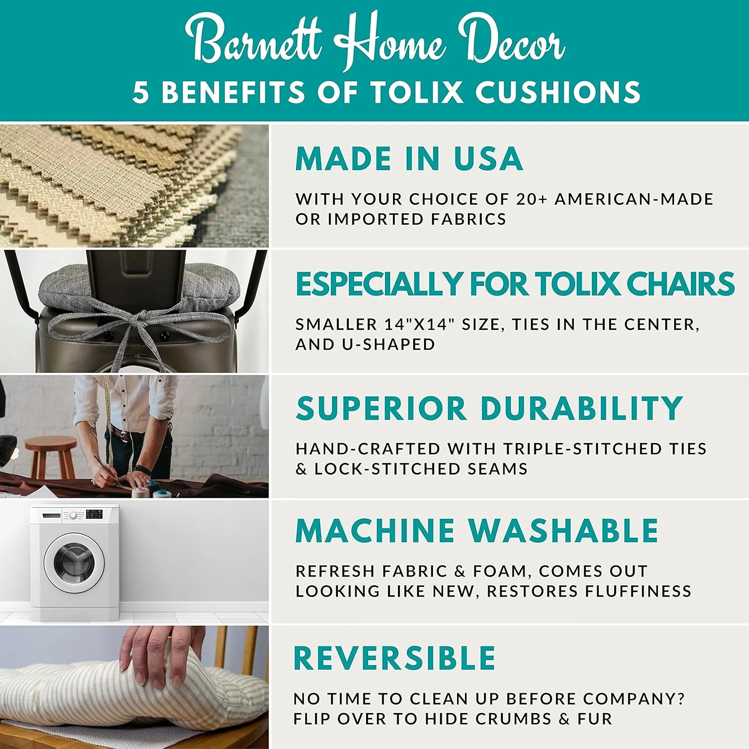 Barnett Home Decor Ticking Stripe Natural - 14" Industrial Chair Cushion with Ties - Fits Most tolix Style Metal Chairs - Made in USA - Reversible - Machine Washable