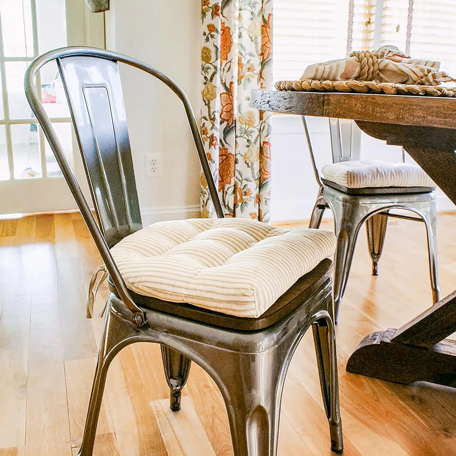 Barnett Home Decor Ticking Stripe Natural - 14" Industrial Chair Cushion with Ties - Fits Most tolix Style Metal Chairs - Made in USA - Reversible - Machine Washable