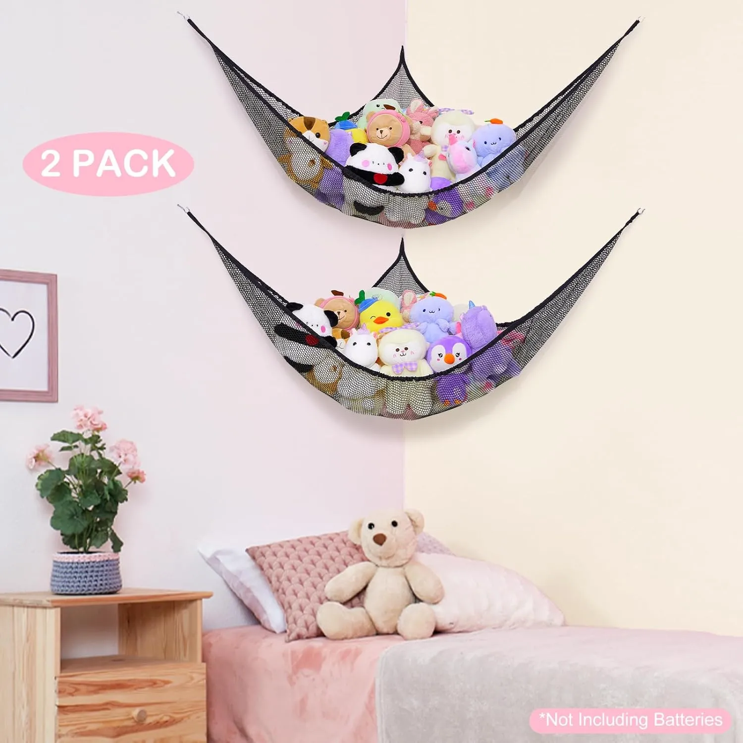 Basumee Stuffed Animals Net or Hammock with LED Light Hanging Toy Net Hammock for Stuffed Animals Storage Stuff Animals Hammocks for Nursery Kids Room with Remote Control, 8 Kinds of Lights(Pack of 2)