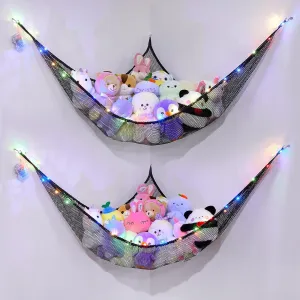 Basumee Stuffed Animals Net or Hammock with LED Light Hanging Toy Net Hammock for Stuffed Animals Storage Stuff Animals Hammocks for Nursery Kids Room with Remote Control, 8 Kinds of Lights(Pack of 2)