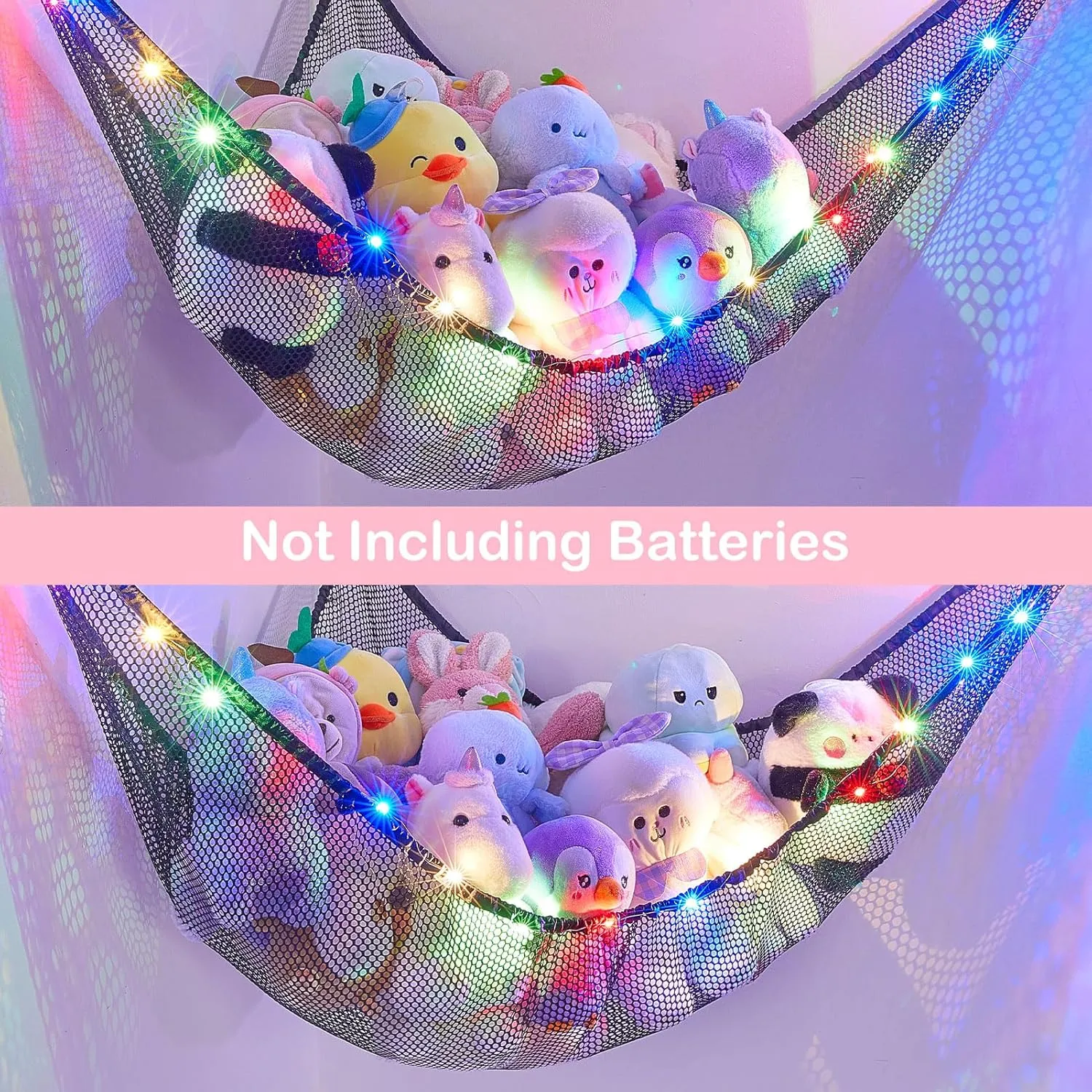 Basumee Stuffed Animals Net or Hammock with LED Light Hanging Toy Net Hammock for Stuffed Animals Storage Stuff Animals Hammocks for Nursery Kids Room with Remote Control, 8 Kinds of Lights(Pack of 2)