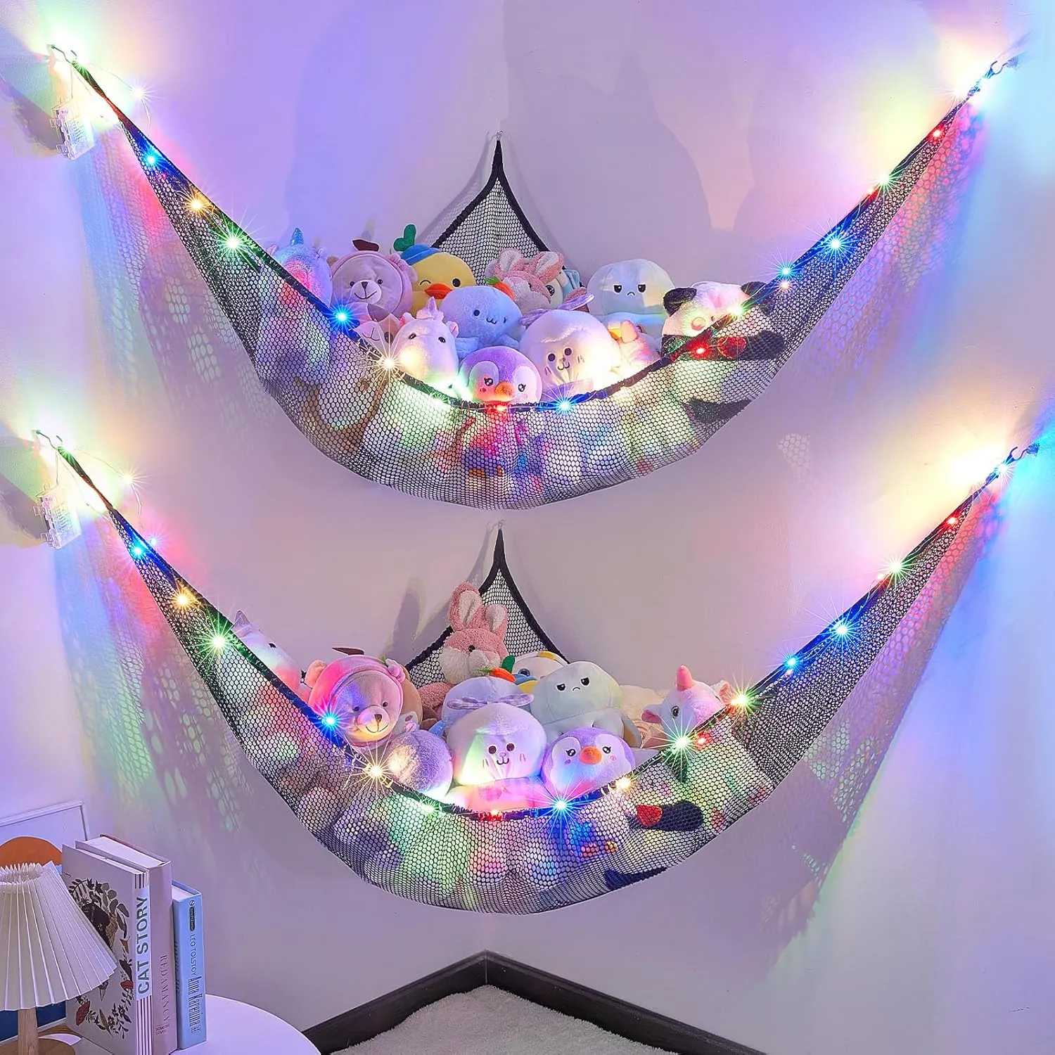 Basumee Stuffed Animals Net or Hammock with LED Light Hanging Toy Net Hammock for Stuffed Animals Storage Stuff Animals Hammocks for Nursery Kids Room with Remote Control, 8 Kinds of Lights(Pack of 2)