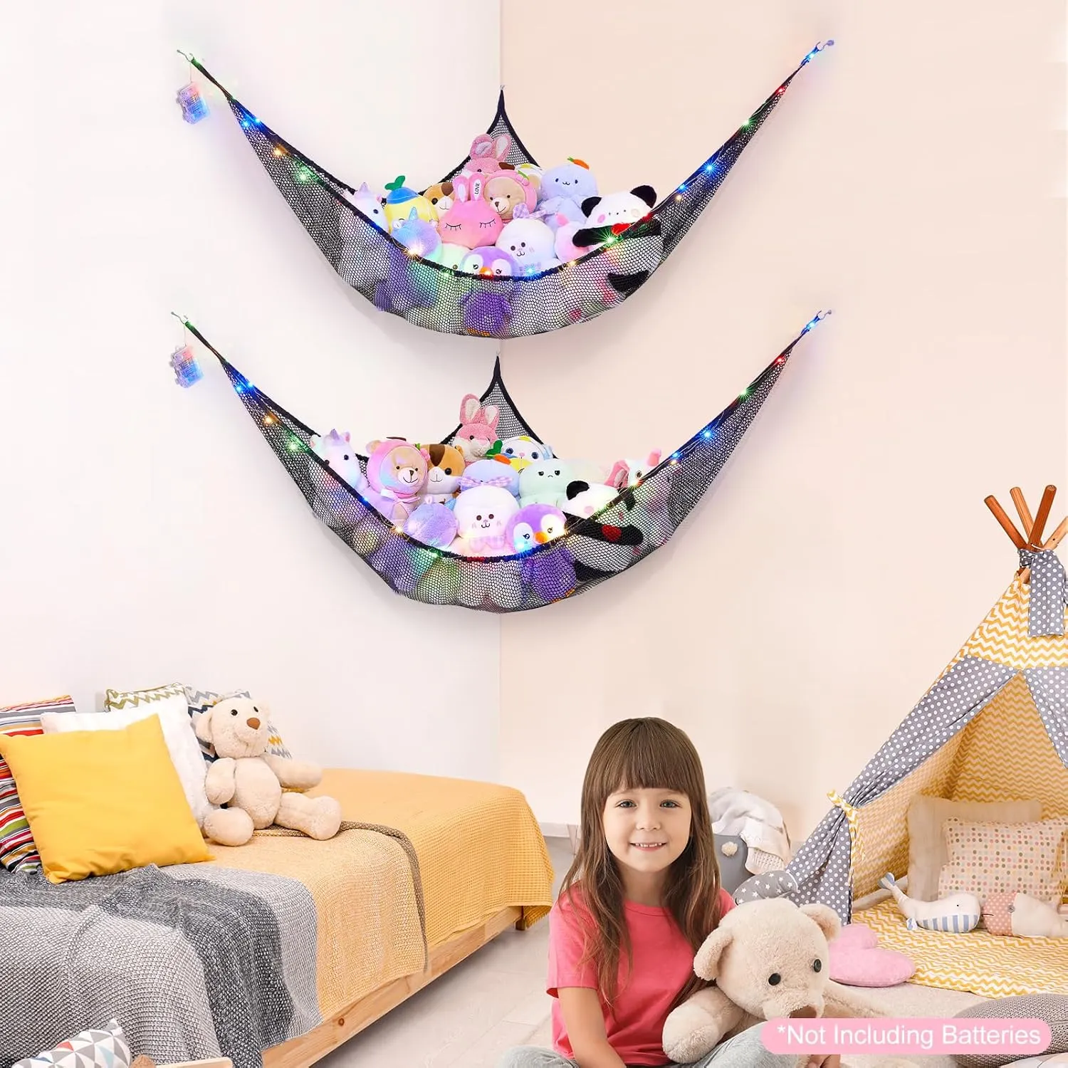 Basumee Stuffed Animals Net or Hammock with LED Light Hanging Toy Net Hammock for Stuffed Animals Storage Stuff Animals Hammocks for Nursery Kids Room with Remote Control, 8 Kinds of Lights(Pack of 2)