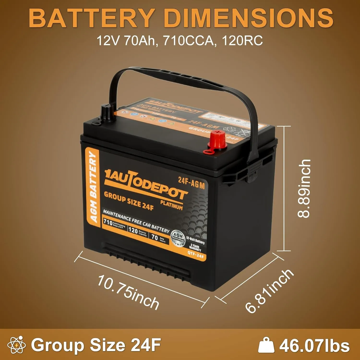 BCI Group 24F Car Battery, 12V 70Ah Automotive Battery Premium Maintenance Free AGM Batteries, 710CCA, 120RC, 36 Months Warranty