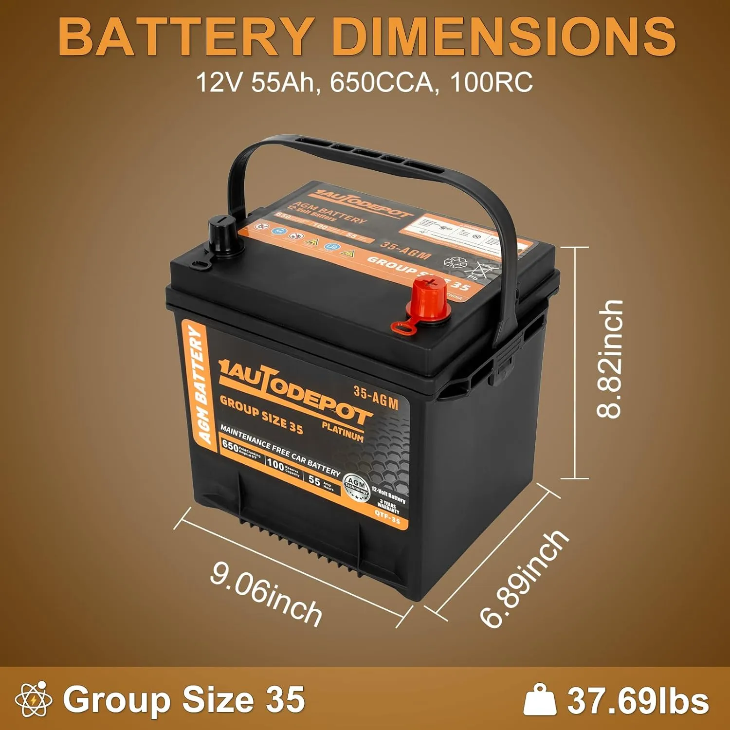 BCI Group 35 Car Battery, 12V 55Ah Automotive Battery Premium Maintenance Free AGM Batteries, 650CCA, 100RC, 36 Months Warranty