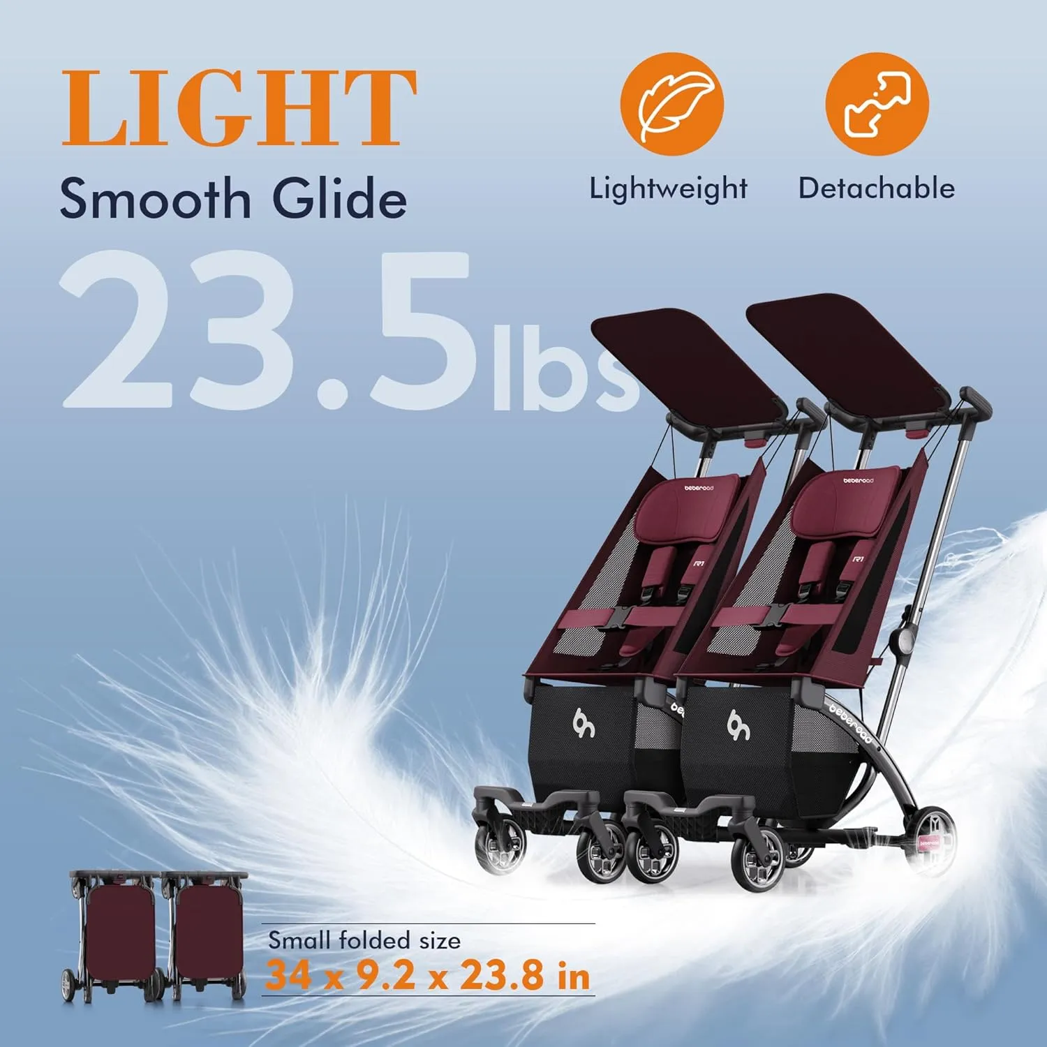 Beberoad Love R1 Auto-Folding Ultra Lightweight Double Stroller Twin Strollers, Side by Side Stroller for Babies and Toddlers Aged 6-36 Months, Only 23.5 lbs, Can Turn into Two Single Strollers, Red