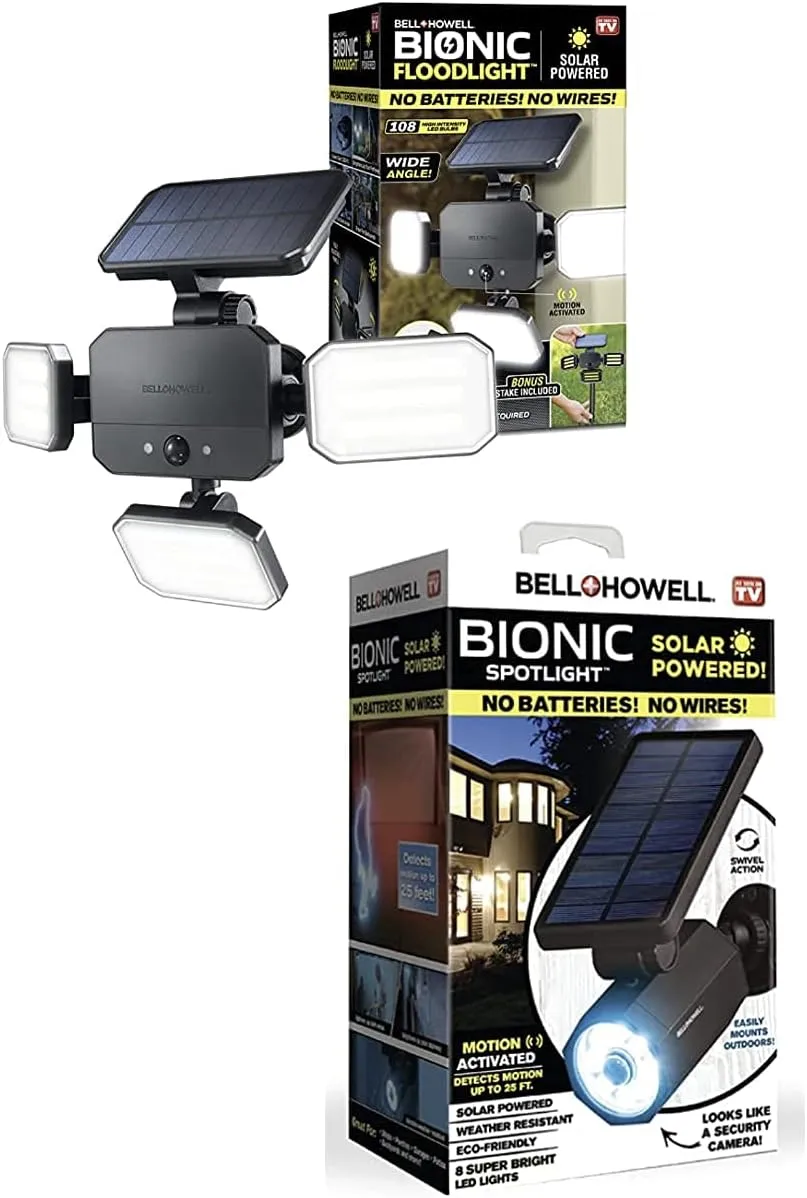 Bell Howell Bionic Spotlight Light and Floodlight Solar-Powered, Motion-Sensing, Outdoor All-Season Water Proof 108 Powerful Security Lighting for Outdoor and Garage Lighting As Seen On TV