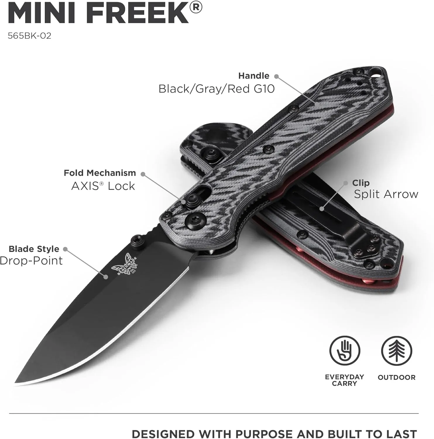 Benchmade - Mini Freek 565BK-2 EDC Knife with Gray/Black G10 Handle (565BK-2)