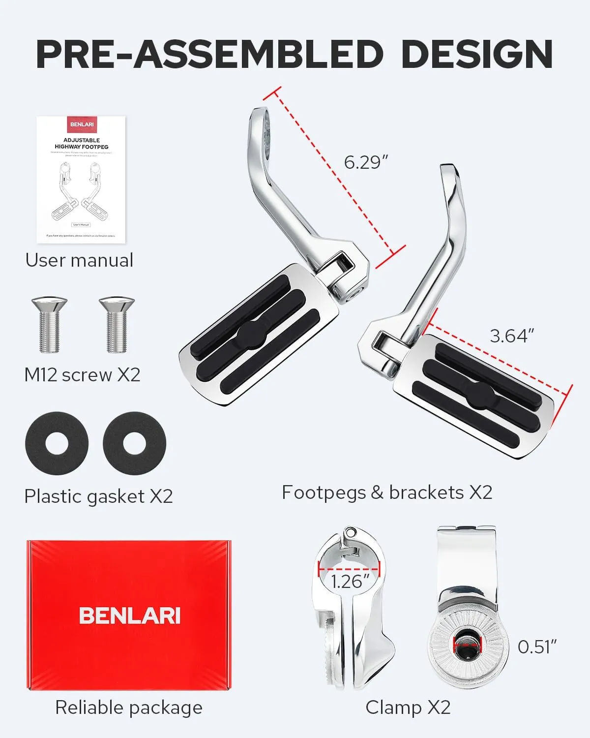 Benlari 1.25" Highway Pegs 304 Stainless Steel Highway Footpegs,Adjustable Long Angled Highway Pegs Fit For Harley Touring Street Glide Electra Glide Road King Softail Dyna