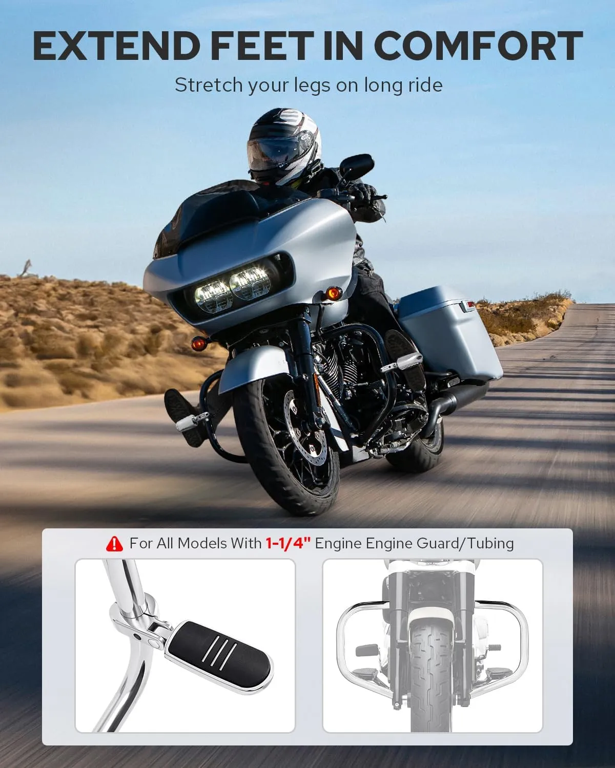 Benlari Highway Pegs,1.25" Highway Footpegs P Clamp Unbreakable A3 Steel Adjustable Fit for Harley Davidson Touring Street Glide Road Dyna Sportster Softail fits 1-1/4"(32mm) Engine Guard(Chorme)