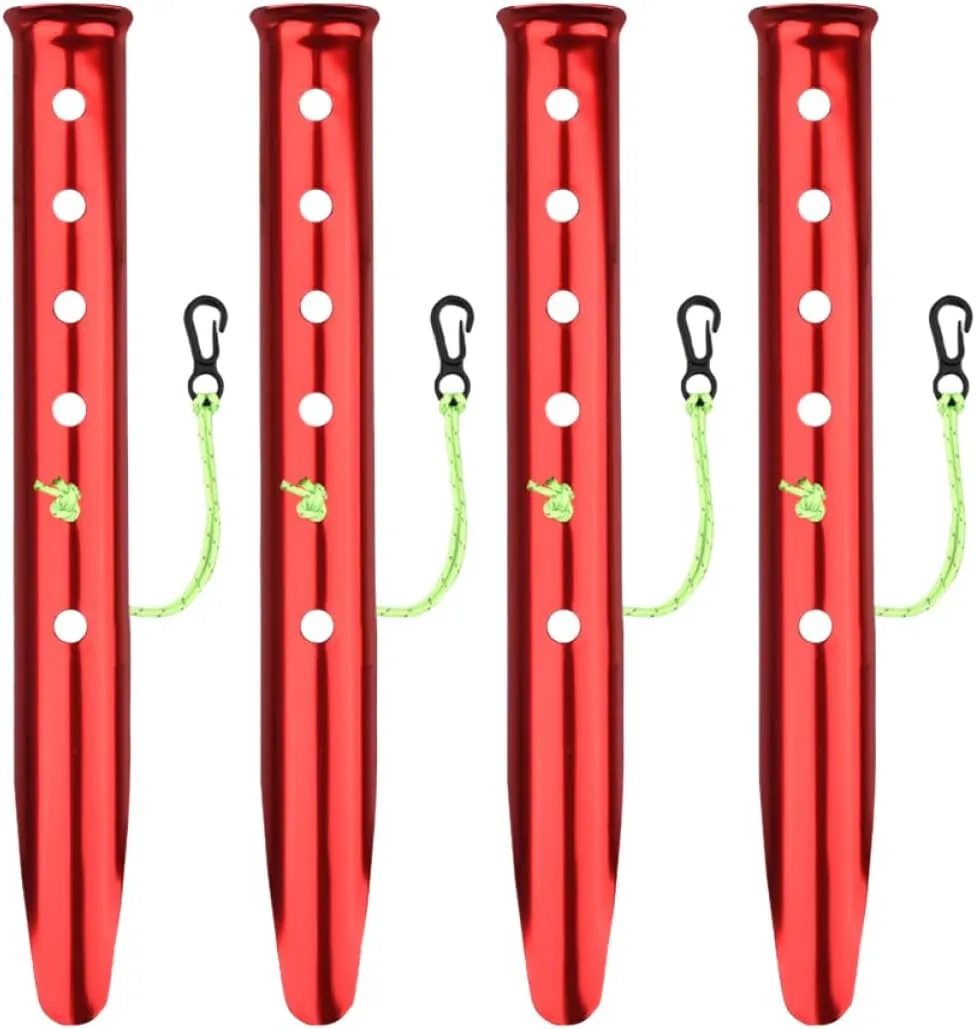 BESPORTBLE 4pcs U-Shaped Aluminum Tent Stakes Heavy Duty Pegs for Camping Hiking and Beach Use Extra Holding Power Snow Random Color Rope Included