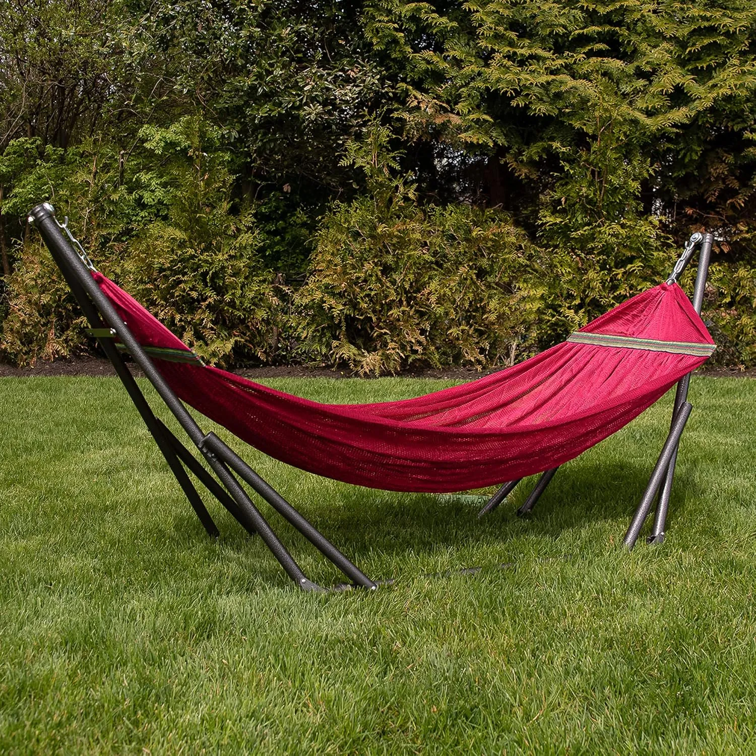 Best Home Fashion Hammock with Collapsible Steel Stand 450 lbs Capacity & Carrying Case, Portable & Adjustable, Perfect for Camping Beach Summer Patio, EZ Daze Foldable Hammock with Stand- RED