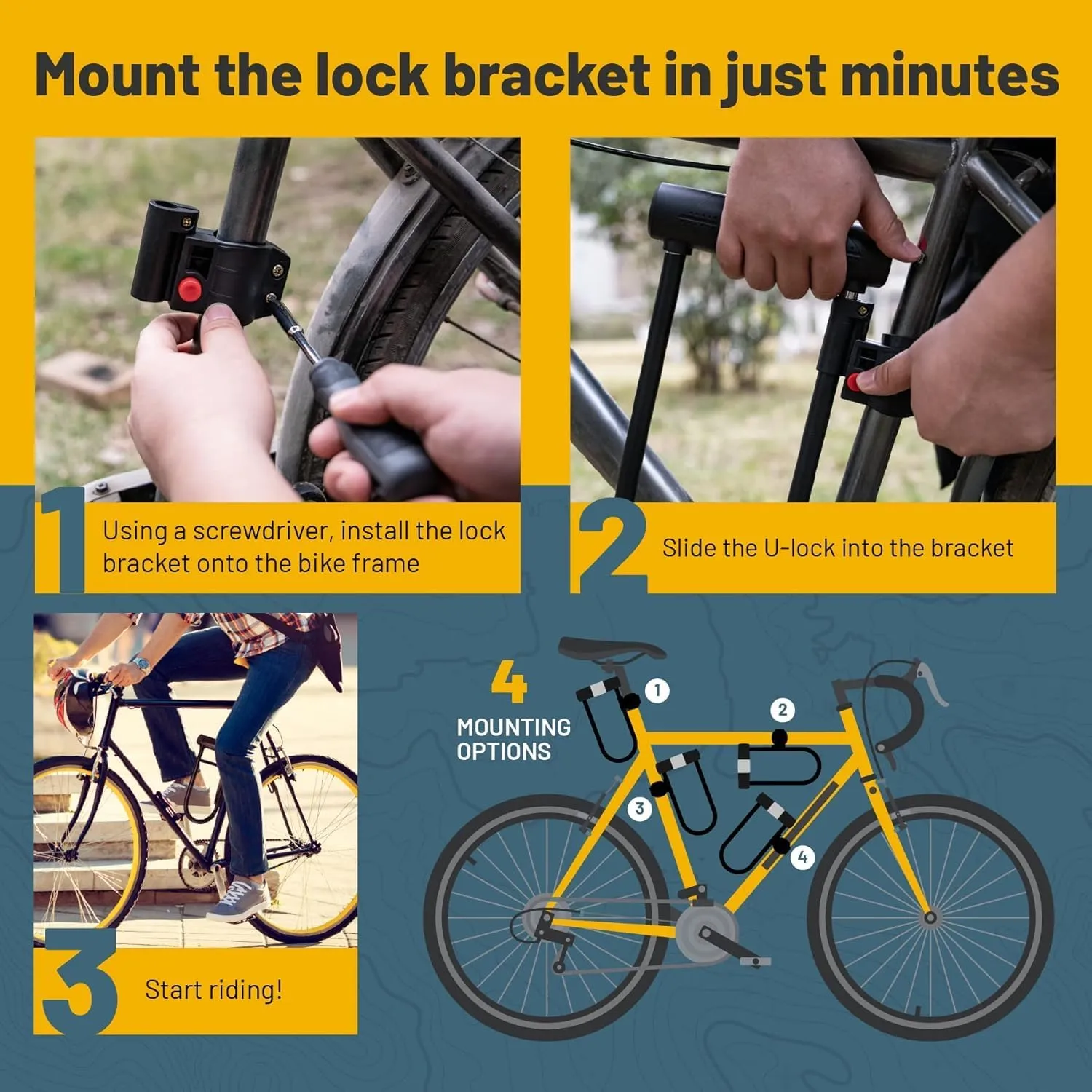 Bike U-Lock - Sigtuna Bike Lock Heavy Duty Anti-Theft with 4ft/1.2m Cable, Bicycle U-Lock with Sturdy Mounting Bracket for Mountain Bikes, Ebikes, Scooters
