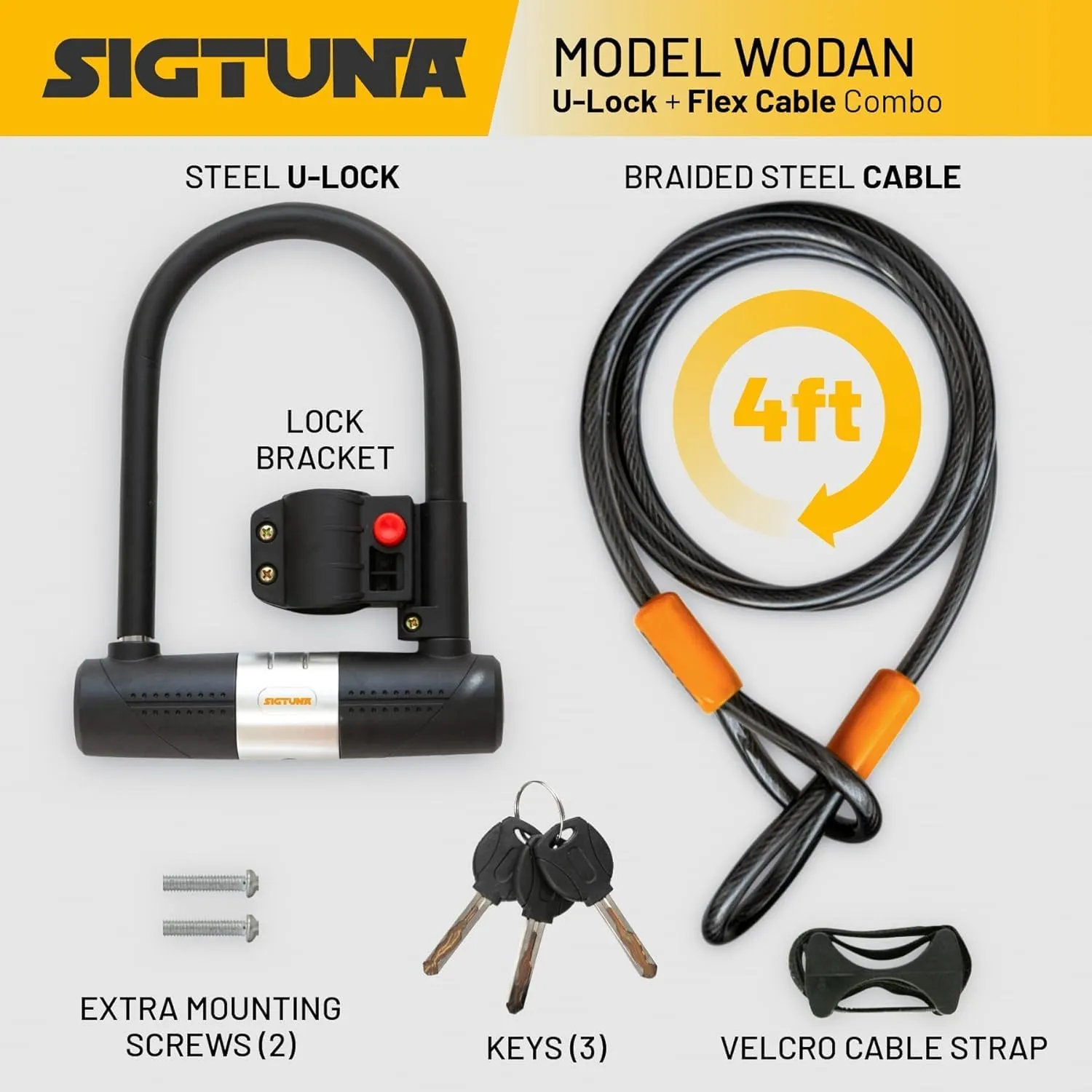 Bike U-Lock - Sigtuna Bike Lock Heavy Duty Anti-Theft with 4ft/1.2m Cable, Bicycle U-Lock with Sturdy Mounting Bracket for Mountain Bikes, Ebikes, Scooters