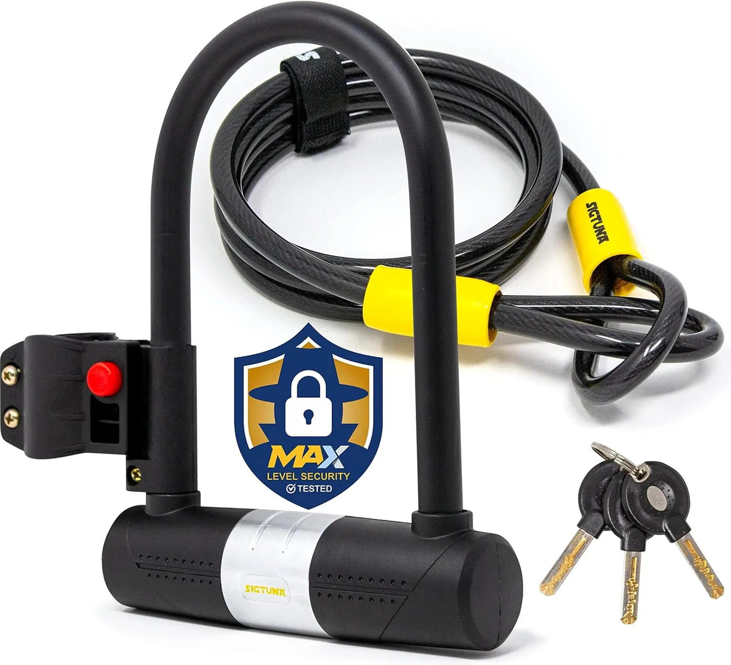 Bike U Lock - Sigtuna Bike Lock Heavy Duty Anti-Theft with 4ft/1.2m Cable, Bicycle U Lock with Sturdy Mounting Bracket for Mountain Bikes, Ebikes, Scooters