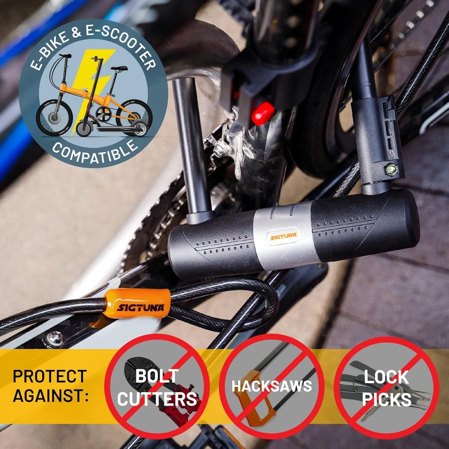 Bike U-Lock - Sigtuna Bike Lock Heavy Duty Anti-Theft with 4ft/1.2m Cable, Bicycle U-Lock with Sturdy Mounting Bracket for Mountain Bikes, Ebikes, Scooters