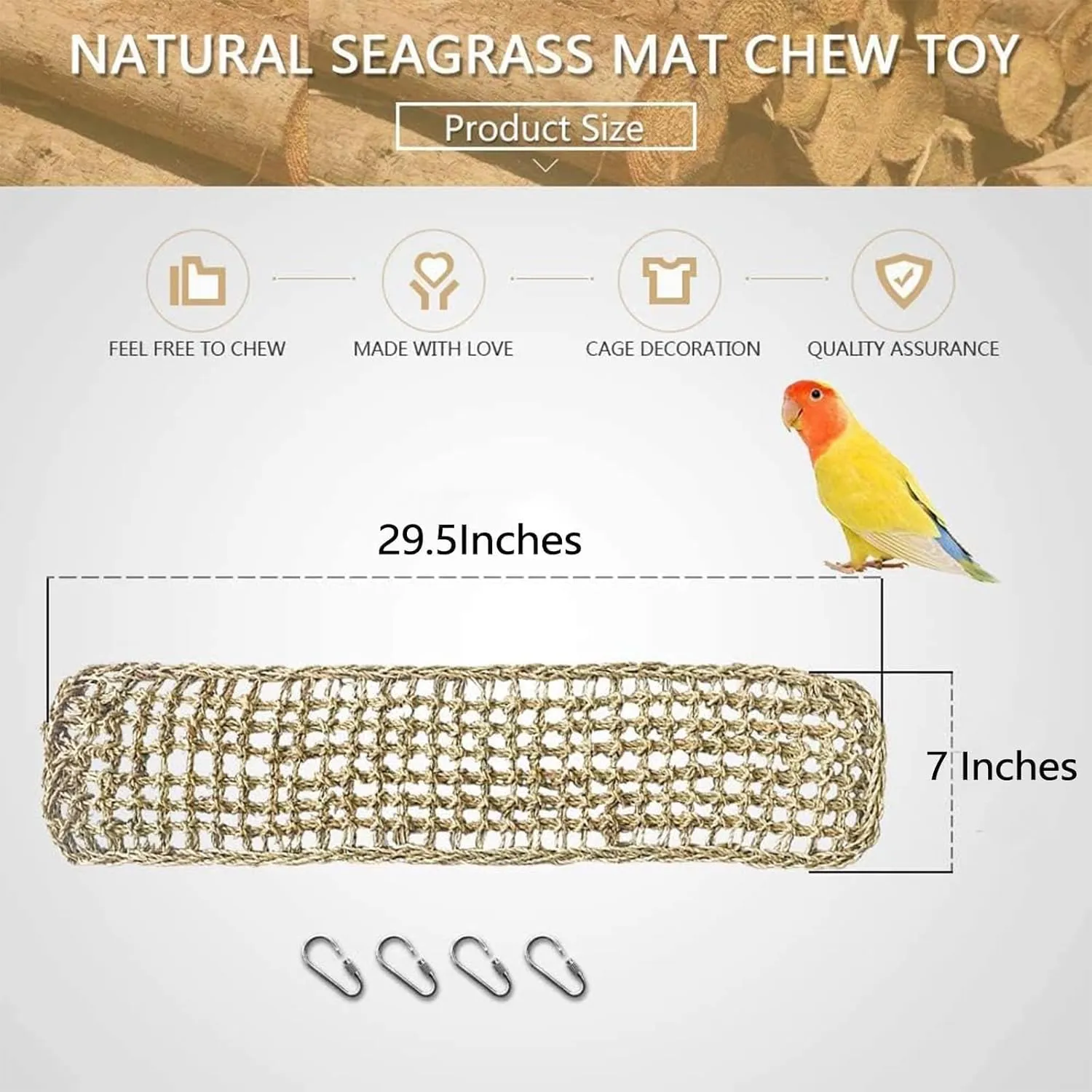 Bird Seagrass Mat 29.5"× 7" Parrot Natural Grass Woven Net Hammock Parakeet Climbing Rope Ladder Mat Chew Toys Cage Accessories for Pigeon Macaw Cockatiel Conure Budgie Cockatoo Rat Bearded Dragon