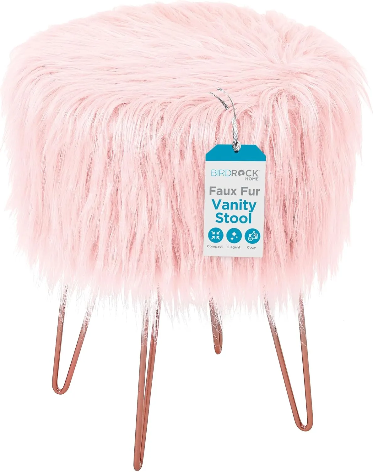 BIRDROCK HOME Pink Faux Fur Vanity Stool Chair - Soft Furry Compact Padded Seat - Vanity, Living Room, Bedroom and Kids Room Chairs - Hair Pin Metal Legs Upholstered Decorative Furniture Foot Rest